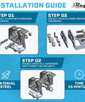 Installation guide for Ride Ready Aluminum Molle Panel Mounts With Quick Fist Clamps, showing steps and steel hardware.