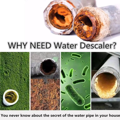 Comparison of water pipes with rust and mineral buildup highlighting need for Electronic Water Descaler System No Chemicals No Fuss Install