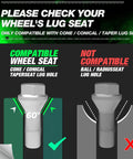 Diagram showing compatibility of Premium Grade Heavy Duty 14x1.5 Conical Seat OEM Replacement Lug Bolts For BMW Audi VW with wheel types.