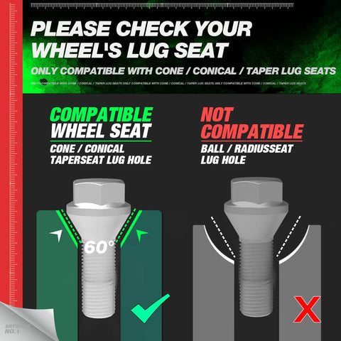 Diagram showing compatibility of Premium Grade Heavy Duty 14x1.5 Conical Seat OEM Replacement Lug Bolts For BMW Audi VW with wheel types.
