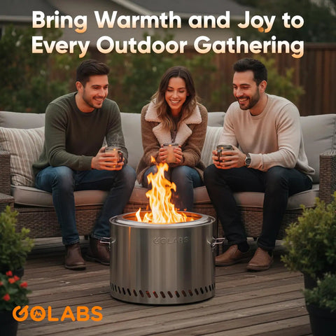 Group enjoying outdoor warmth from smokeless wood-burning stove with 19.5 inch stainless steel portable outdoor heater on deck.