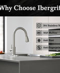 Solid Stainless Steel Kitchen Sink Faucet With Pull Down Sprayer And Brushed Nickel Finish, showcasing SUS304 material and anti-fingerprint features.
