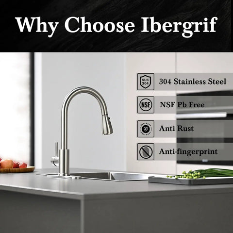 Solid Stainless Steel Kitchen Sink Faucet With Pull Down Sprayer And Brushed Nickel Finish, showcasing SUS304 material and anti-fingerprint features.