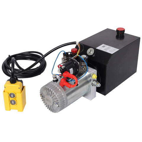 Heavy Duty 3200 PSI 12V DC Double Acting Hydraulic Power Unit Pump With 6 Qt Steel Reservoir and yellow pendant control.