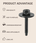 Close-up of a single screw from 20 Pcs Car Bolts Set For Bumper Cover Splash Shield Fender Liner And Wheelhouse Auto Fasteners Screws Replacement 11570498 GM Style Bolts For Door Panels And Decorative Trim Plug And Play, showcasing high-quality, corrosion-resistant design with icons indicating product advantages such as easy replacement, wide applicability, and long life against a beige background. Single black GM-style screw with washer illustrating its robustness and design features.