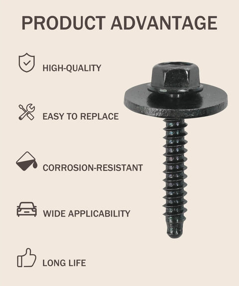 Close-up of a single screw from 20 Pcs Car Bolts Set For Bumper Cover Splash Shield Fender Liner And Wheelhouse Auto Fasteners Screws Replacement 11570498 GM Style Bolts For Door Panels And Decorative Trim Plug And Play, showcasing high-quality, corrosion-resistant design with icons indicating product advantages such as easy replacement, wide applicability, and long life against a beige background. Single black GM-style screw with washer illustrating its robustness and design features.