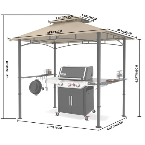 8x5 Grill Gazebo For Outdoor BBQ Canopy With Two LED Lights, Rustproof Steel Frame, Weatherproof Patio Shelter In Khaki, Easy Setup