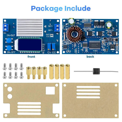 Package content of Beefy 12A DC To DC Step Down Power Supply Module With LCD Display Output From 1.2V To 32V 0 To 12A Adjustable CV CC Buck Converter Voltage Regulator Wide 5.3V To 32V Input Great For LED Drivers Battery Charging Solar Panels RV including components and casing