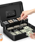 Heavy Duty Cash Box With Lock and Money Tray, Large Portable Cash Drawer for Registers, showing organized cash and coins