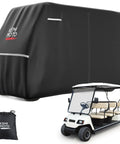 600D Waterproof Golf Cart Cover Heavy Duty Universal Fit for 6 Seater Carts covering a golf cart with storage bag and logo