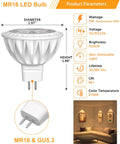 Diagram of MR16 LED Light Bulbs 12 Pack, 50W Equivalent, 2700K Warm White, Instant Full Brightness, 5W Low Voltage 12V specs.
