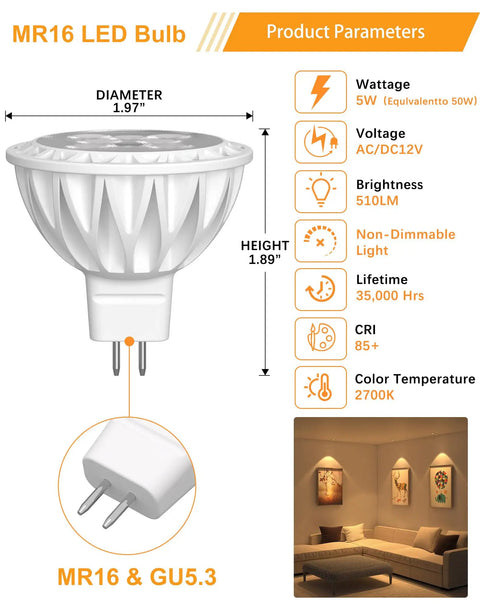 Diagram of MR16 LED Light Bulbs 12 Pack, 50W Equivalent, 2700K Warm White, Instant Full Brightness, 5W Low Voltage 12V specs.