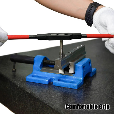 Two Pcs Adjustable Tap Wrenches With Ratcheting Handles in use for threading, blue vise setup, black oxidized coated, durable tool set