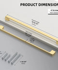 Diagram showing dimensions of 25 Pack Brushed Brass Cabinet Pulls Gold Finish 10 Inch Hole Center Zinc Alloy Solid Handles for kitchen use.