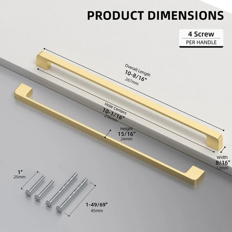 Diagram showing dimensions of 25 Pack Brushed Brass Cabinet Pulls Gold Finish 10 Inch Hole Center Zinc Alloy Solid Handles for kitchen use.