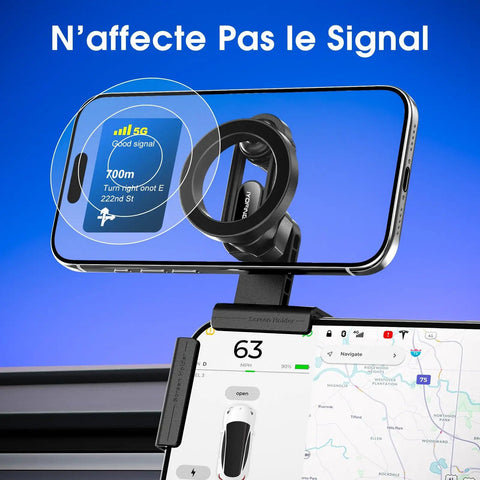 MagSafe Magnetic Car Phone Mount For Tesla Model Y And Model 3 Dash Holder With Ultra Strong 2500G Magnetic Lock displayed with phone mounted.