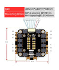 Diagram of Beefy 45A 4In1 ESC For FPV Freestyle Drones with dimensions and mounting holes, showing electronic components.