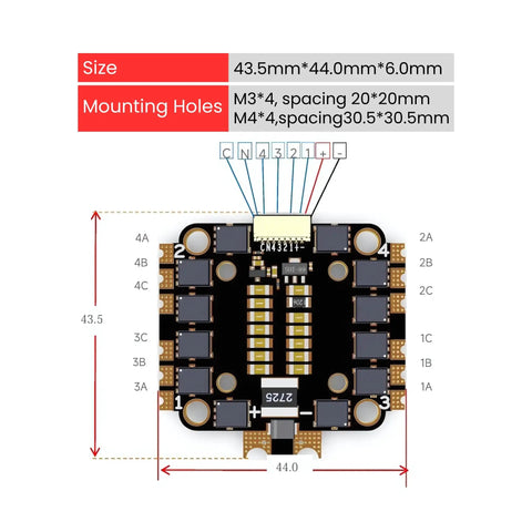 Diagram of Beefy 45A 4In1 ESC For FPV Freestyle Drones with dimensions and mounting holes, showing electronic components.