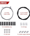4 Pack Bike Brake Cable Kit For Mountain And Road Bikes, includes cables, housing, caps, O-rings, tail ends, and sleeves.