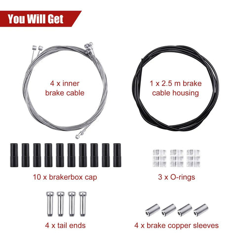 4 Pack Bike Brake Cable Kit For Mountain And Road Bikes, includes cables, housing, caps, O-rings, tail ends, and sleeves.