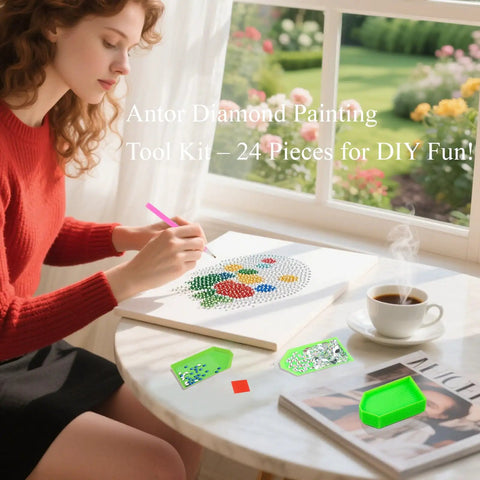 Person using Diamond Painting Tools Kit With 24 Piece Accessories Including 8 Drill Pens 8 Trays And 8 Wax Pads For 5D Art