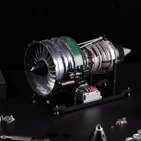 One-Tenth Scale Twin Spool Turbofan Engine Model Kit That Actually Runs With Metal CNC Finish on black background