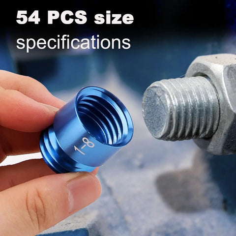 54 Piece Nut And Bolt Thread Checker Set With Inch And Metric Gauges For Tight Spaces Beefy Pro Grade Thread Gauge Kit To Identify Bolts And Nuts Great For Inspecting Fixed Bolts Or Threaded Holes In A Handy Tool Box. Blue 1-8 gauge checking a threaded bolt in a hand