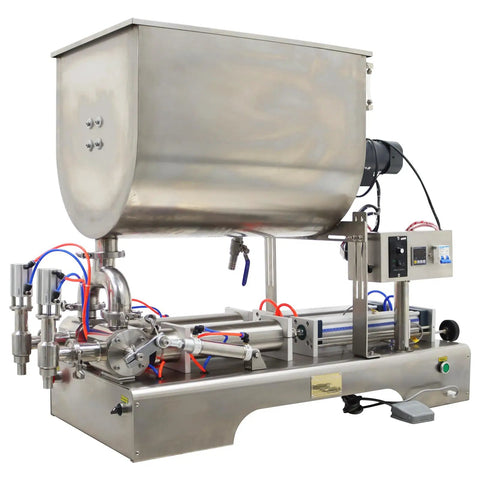 Badass Double Head Paste Filler Machine, Smooth Sailing Piston Packing Setup For Creams, Sauces, And Toothpaste, 100 To 1000 Ml Range, 110V Commercial Dispenser with stainless steel bulk hopper.