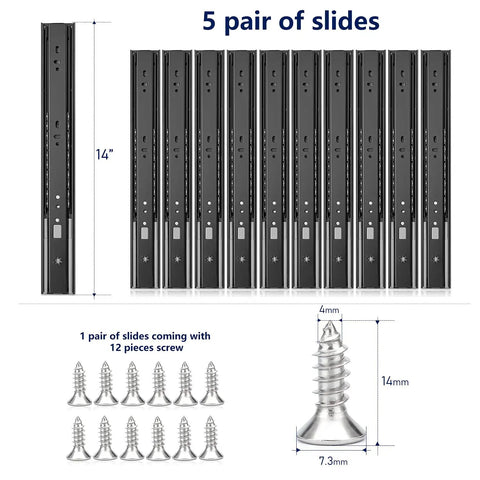 14 Inch Soft Close Drawer Slides Full Extension Ball Bearing Side Mount Black Finish, 5 Pairs 10 Pack, screws included