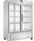 No Fuss Commercial Reach In Freezer 54 Inch Wide Double Glass Door 46 Cubic Feet with shelves and stainless steel finish.