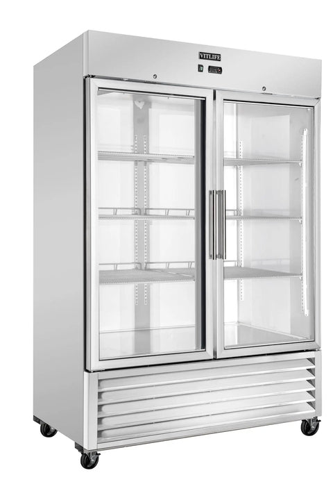 No Fuss Commercial Reach In Freezer 54 Inch Wide Double Glass Door 46 Cubic Feet with shelves and stainless steel finish.