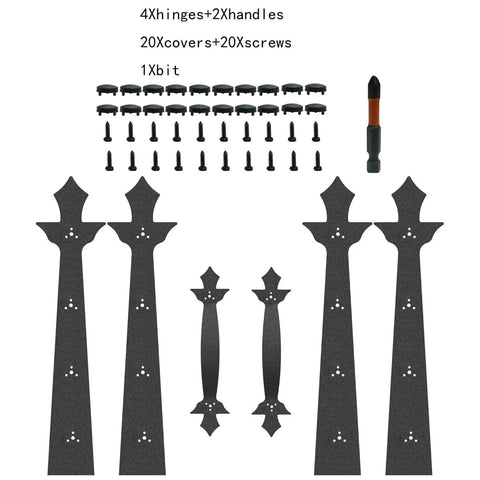 Screw Mounted Faux Garage Door Hardware Set With 4 Hinges And 2 Handles In Durable ABS Plastic, screws, covers, and bit shown