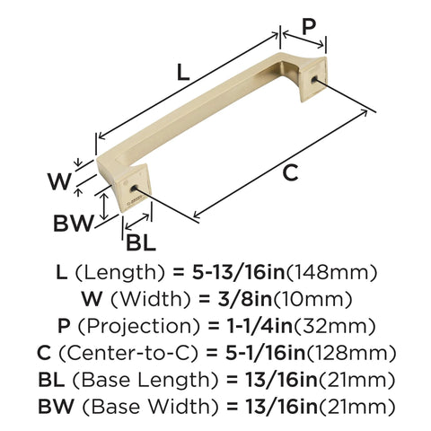 Diagram showing measurements of Mulholland Champagne Bronze Cabinet Pull 5-1/16 Inch Center to Center Drawer Handle