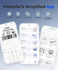 Wireless Bluetooth Thermal Label Printer For Home And Business Prints Two Inch Wide Shipping Labels On Standard Rolls Compact Desktop Maker With Three Included Rolls app interface showing label design and printing options.