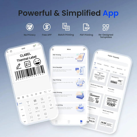 Wireless Bluetooth Thermal Label Printer For Home And Business Prints Two Inch Wide Shipping Labels On Standard Rolls Compact Desktop Maker With Three Included Rolls app interface showing label design and printing options.
