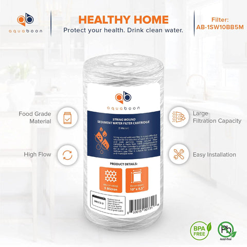 5 Micron String Wound Whole House Water Filter Cartridge 10 By 4.5 Inch Two Pack For Sediment Dirt Rust And Impurities Removal