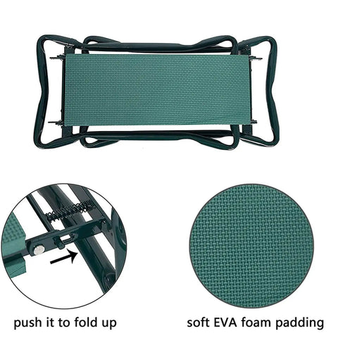 Foldable Garden Kneeler And Seat With Soft Cushion, Heavy Duty Garden Bench, top view of folded green bench, EVA foam padding