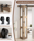 32 Inch Bifold Glass Barn Door Kit With Hardware Included installed in a living room, showing solid wood and frosted glass panels.