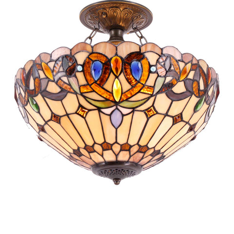 Tiffany Style Ceiling Light Fixture With Victorian Stained Glass Look Semi Flush Mount Lamp 16 Inch Shade 15 Inch Height Antique Green Bronze Finish Hardwired With Professional Installation Suggested, close-up view of stained glass design.