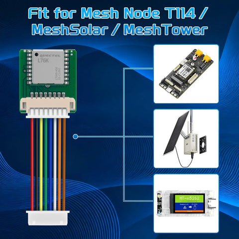 Beast GNSS GPS Module For ESP32 LoRa V4 Mesh Node T114 With L76K Chip displayed with connection cables and components