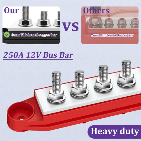 Marine Grade 12V Bus Bar Power Distribution Block With Cover For Boat And Car Solar Wiring, 250A, Four Posts Three Eighths Inch