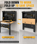 Wall Mounted Fold Down Workbench With Pegboard Organizer, Beefy Heavy Duty Garage Workstation With Storage Shelf in expanded and folded views