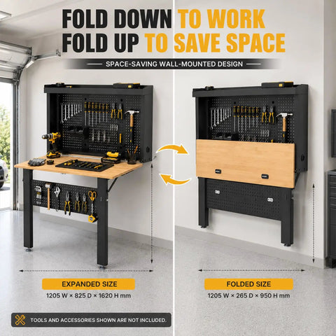 Wall Mounted Fold Down Workbench With Pegboard Organizer, Beefy Heavy Duty Garage Workstation With Storage Shelf in expanded and folded views