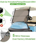 Heavy Duty Top Tier Golf Cart Windshield For Club Car Precedent Tempo Onward Two Thousand Four Up shown with dimensions and thickness.