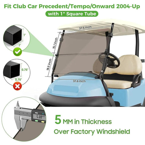 Heavy Duty Top Tier Golf Cart Windshield For Club Car Precedent Tempo Onward Two Thousand Four Up shown with dimensions and thickness.