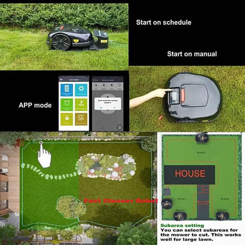 Smart Robotic Lawn Mower With App Control, Auto Cutting, Rechargeable Battery; app mode and path planning in garden layout.