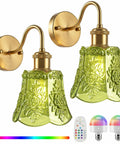 YUNICE Rechargeable Wall Sconces Set of 2 Battery Operated Wall Sconce with Remote Control Dimmable Cordless Wall Lamp with Green Glass Lampshade Antique Brass Wall Lights for Bedroom Living Room.