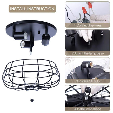 Installation steps for Industrial Black Semi Flush Mount Ceiling Light Three Light Rustic Ceiling Lamp Fixture With Metal Cage