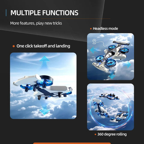 Dual Mode RC Plane Car Toy For Kids Ages 4 To 12 2 In 1 Foam Jet Drone with One Key Switch shown in flight modes