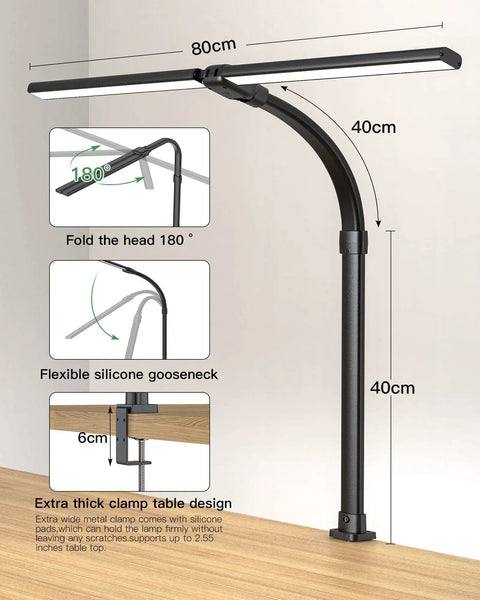Game-Changing Double Head Desk Lamp With Clamp, 24W LED Engine Delivers 1200 Lumens Of Bright, Eye Caring Light For Home Office, flexible heads